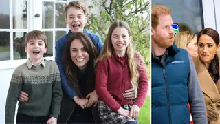 Kate's Mother's Day family photo (L) sparked controversy. Harry and Meghan (R)