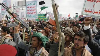 Houthi supporters attend a rally against the US airstrikes on Yemen