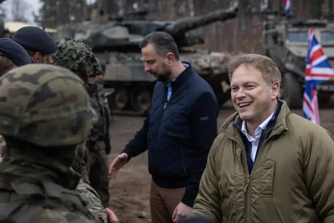 Grant Shapps and the Polish defence minister, Wladyslaw Kosiniak-Kamysz, met British and Polish troops at a military training compound near Orzysz