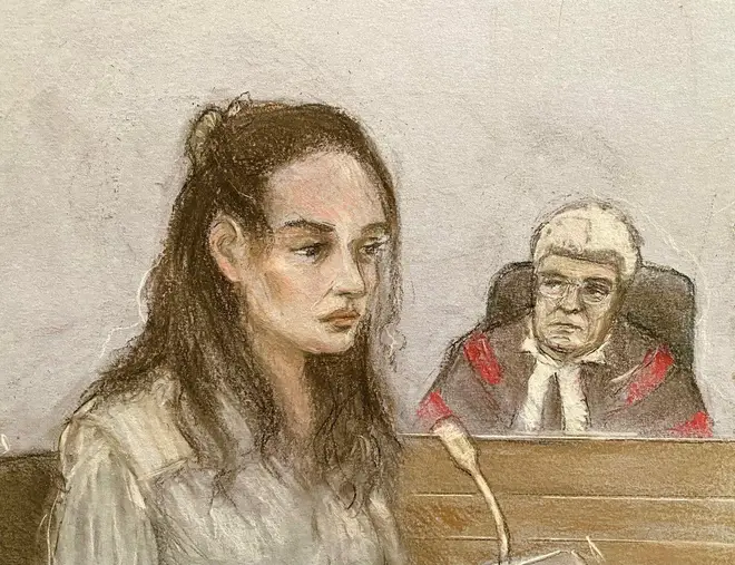 Court artist sketch by Elizabeth Cook of Constance Marten appearing at the Old Bailey, March 7, 2024