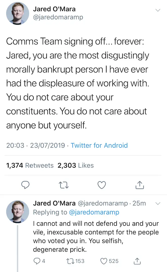 Screenshot of Gareth Arnold's tweet on Jared O'Mara's Twitter account
