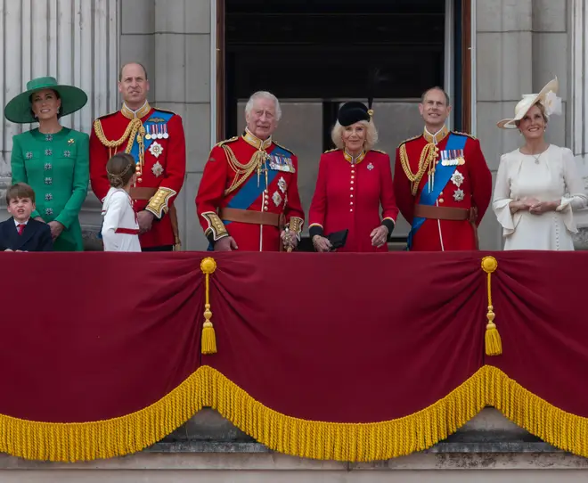 Prince Louis, Catherine Princess of Wales, William Prince of Wales, Princess Charlotte, HRH King Charles III, Queen Camilla, Edward Duke of Edinburgh, Sophie Duchess of Edinburgh