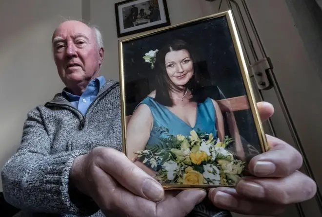 Peter Lawrence holds a photograph of his daughter Claudia Lawrence, ahead of the the 10th anniversary of her disappearance, March 12, 2019