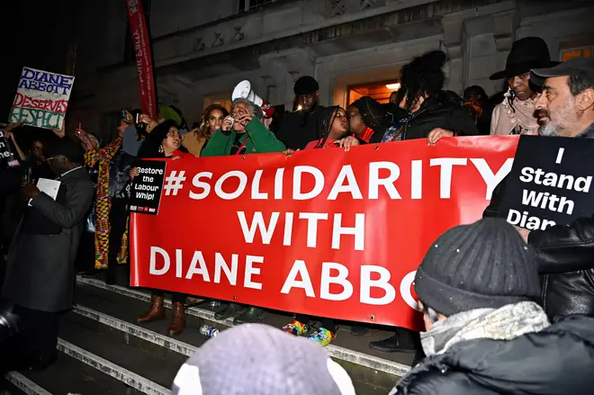 Around a thousand people stand with Diane Abbott, calling for the Tories to return £10 million donation from Frank Hester, March 15, 2024