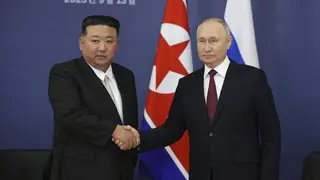 Russian President Vladimir Putin, right, and North Korean leader Kim Jong Un shake hands during their meeting at the Vostochny cosmodrome outside the city of Tsiolkovsky last year (Vladimir Smirnov/AP