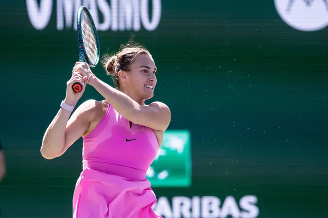 Aryna Sabalenka defeated Emma Raducanu in the third round of the BNP Paribas Open at the Indian Wells Tennis Garden in Indian Wells, California.