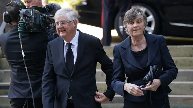 Wales's First Minister Mark Drakeford and wife Clare arriving at Llandaff Cathedral in Cardiff