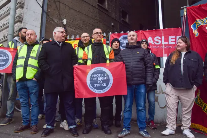 Members of ASLEF train drivers’ union stand at the picket outside Waterloo Station, January 30, 2024