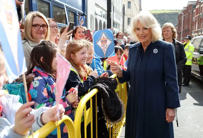 Queen Camilla meets members of the public during a visit to Douglas Borough Council on the Isle of Man, March 20, 2024