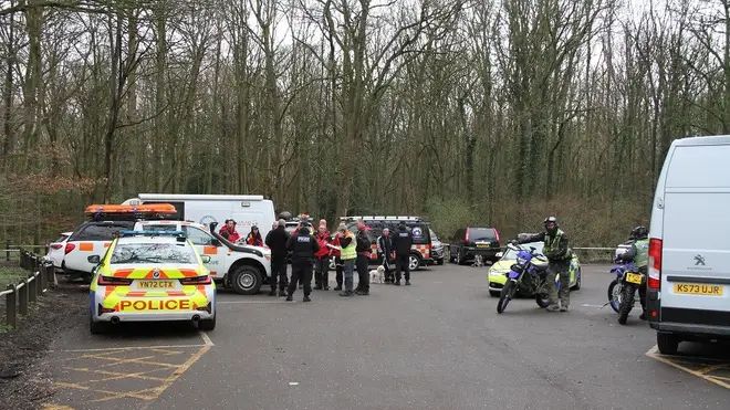 Authorities, including police officers, vehicles, Mountain Rescue and Lowland Rescue, can be seen in Sandall Beat Wood