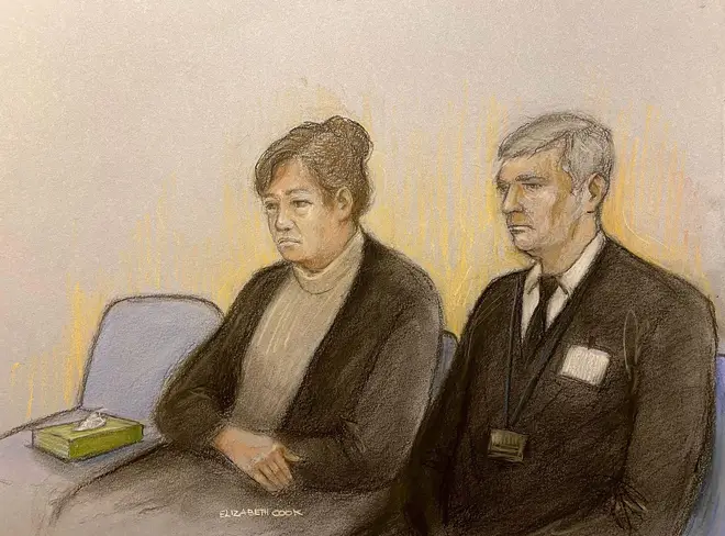 Court artist sketch of Christine Rawle, 69, convicted of murdering her husband Ian Rawle, 72