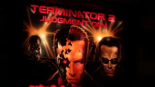 historisches Werbeplakat fuer den Spielfilm “Terminator Jugdement Day” mit Arnold Schwarzenegger, Berlin.