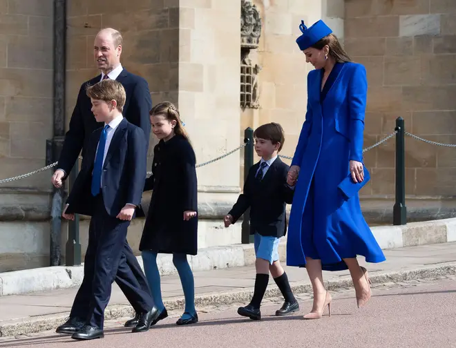 William and Kate arrive with their children Prince George, Princess Charlotte and Prince Louis together at the Easter Morning Service at St George's Chapel in 2023