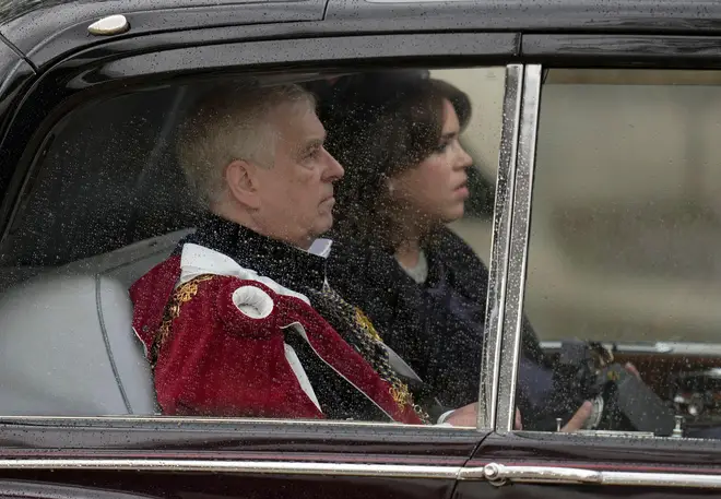 Prince Andrew and Princess Eugenie arrive ahead of the coronation of King Charles