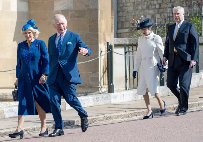 Queen Camilla, King Charles III, Princess Anne, Prince Andrew Duke of York at Easter Sunday Church Service held at St George's Chapel in Windsor Castle in Windsor, April 10, 2023