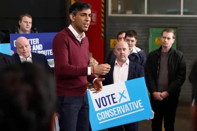Rishi Sunak speaks to employees of a bus depot during the launch of the local elections campaign in Heanor, March 22