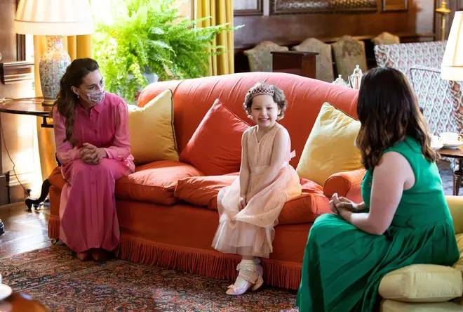 The Duchess of Cambridge meeting Mila Sneddon, aged five, at the Palace of Holyroodhouse in Edinburgh, May 27, 2021.