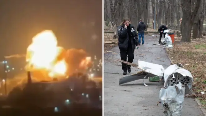 Russia and Ukraine have traded blows, (L) the aftermath of a Ukrainian missile in Sevastopol, (R) a missile targeted at Kyiv