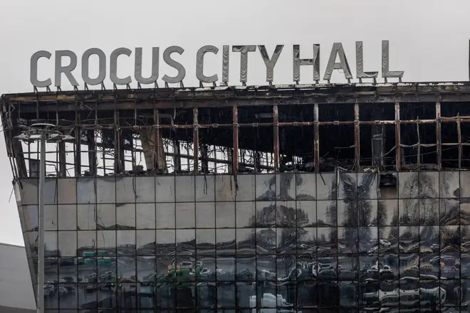 A view of the Crocus City Hall in the town of Krasnogorsk in the aftermath of the fire