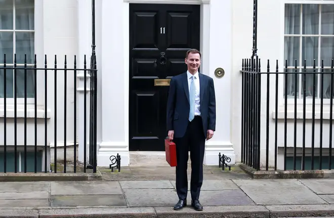 Chancellor of the Exchequer Jeremy Hunt leaves Downing Street with the red budget box to present his spring budget, March 6