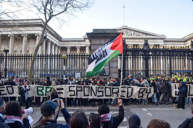 Pro-Palestine protesters gather outside the British Museum, calling on the museum to drop the BP sponsorship