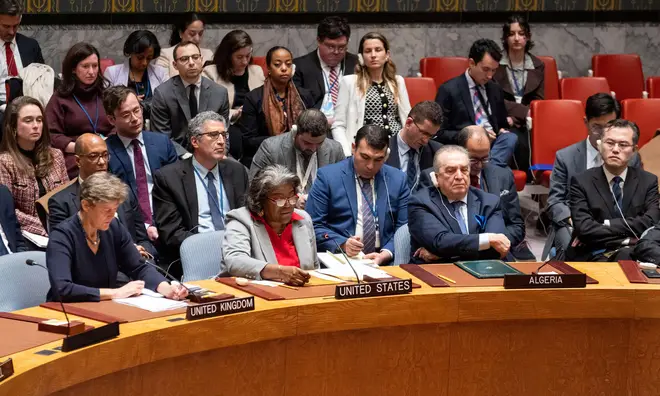 Linda Thomas-Greenfield, United States Ambassador and Representative to the United Nations, speaks after a vote to abstain as the United Nations Security Council passed a cease-fire resolution in Gaza