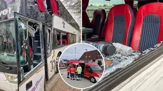 Miracle escape as bus carrying dozens of British school children collides with tar lorry after driver 'distracted by sat nav'