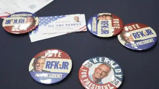 Buttons are displayed during a campaign event for US presidential candidate Robert F Kennedy Jr in Oakland, California