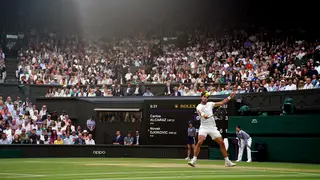 Carlos Alcaraz in action against Novak Djokovic in the men's singles final in last year's Wimbledon Championships