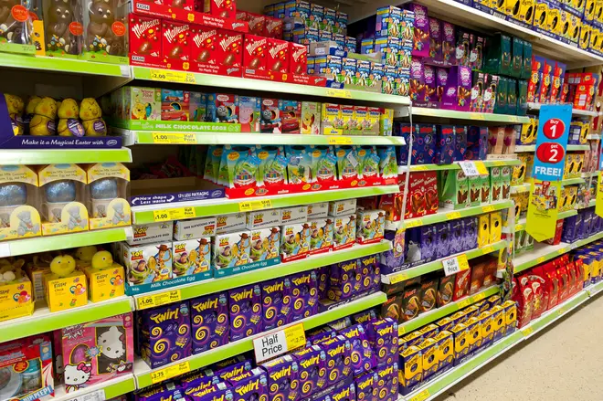 A selection of chocolate Easter eggs in a Tesco supermarket