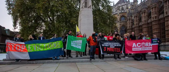 Campaigners rally outside British parliament in support of Renters (Reform) Bill last year