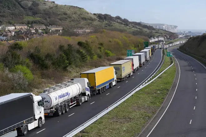 Lorries on the A20 waiting to enter the Port of Dover in Kent to catch their ferries as the getaway continues for the Easter weekend.
/p
pPicture date: Friday March 29, 2024.