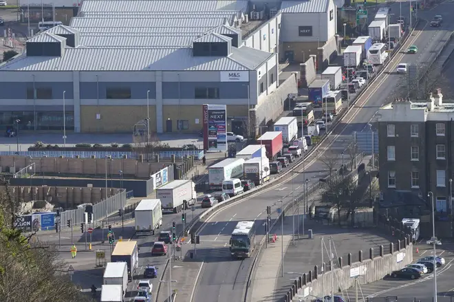 Traffic on the A20 waiting to enter the Port of Dover in Kent to catch their ferries as the getaway continues for the Easter weekend. Picture date: Friday March 29, 2024.