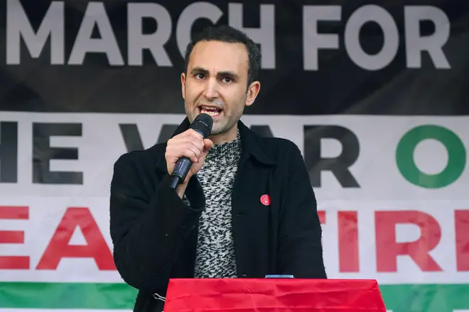 Khalid Abdalla speaking at Stop the Genocide in Gaza national demonstration in central London. Picture date: Saturday March 30, 2024.