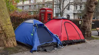 Homeless tents in Central London as reports state that government.ministers are facing a Tory revolt over proposed plans to criminalise rough sleeping