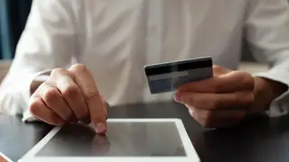Man using Tablet pc. Credit card, Shopping online.