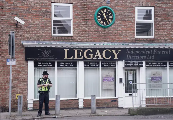 Police outside the Beckside branch of Legacy Independent Funeral Directors in Hull after reports of 'concern for care of the deceased'