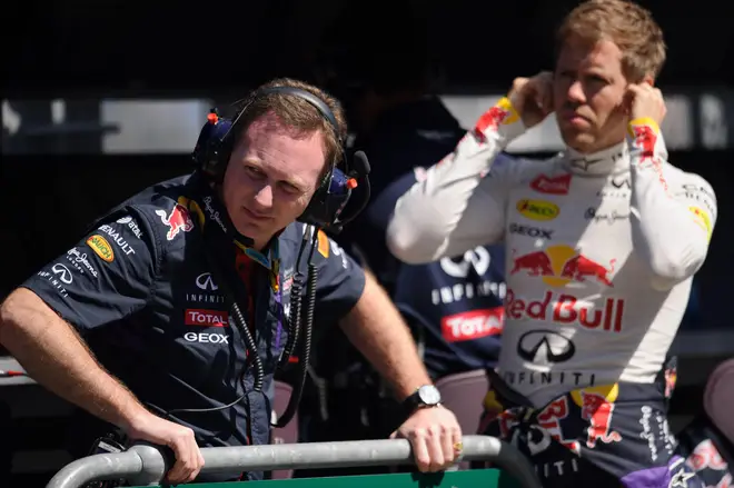 Sebastian Vettel and Christian Horner during practice for the 2014 Australian Grand Prix