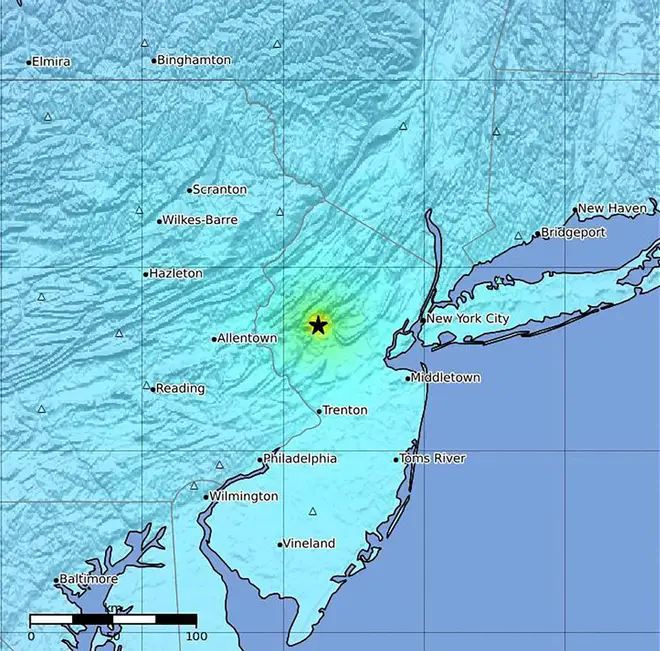 This image provided by U.S. Geological Survey shows the epicenter of an earthquake on the East Coast of the U.S. on Thursday, April 5, 2024.