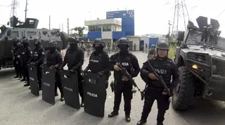 Police guard the entrance to the facility in Guayaquil, Ecuador, where ex-vice president Jorge Glas is being held