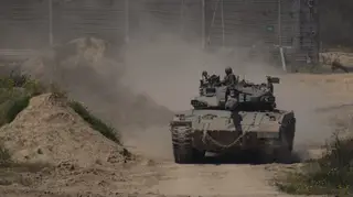 An Israeli tank near the Israeli-Gaza border in southern Israel