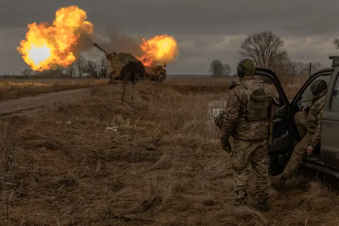 Howitzer operated by Ukrainian members of the 45th Artillery Brigade fires toward Russian positions, in the Donetsk region