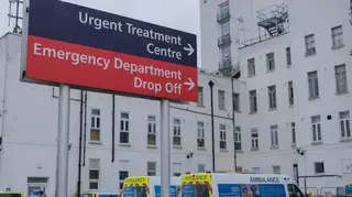 London, UK. A sign outside St Helier Hospital, for the Urgent Treatment Centre and Emergency Department, also known as Accident and Emergency (A&E).