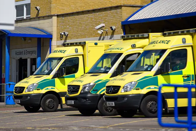 Ambulances outside A&E Southend University Hospital, Essex, UK