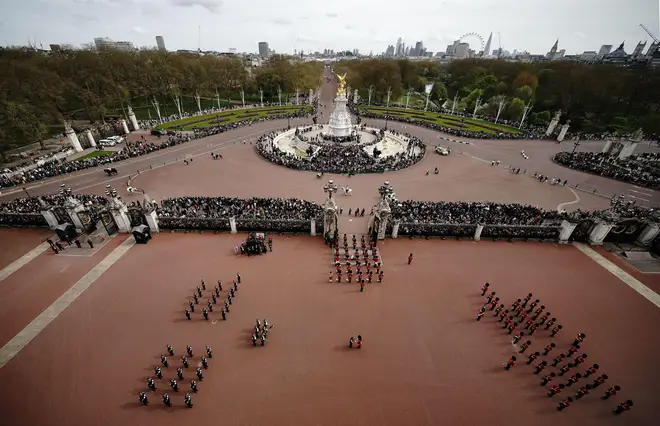 British troops and France's Gendarmerie's Garde Republicaine during the Changing of the Guard at Buckingham Palace