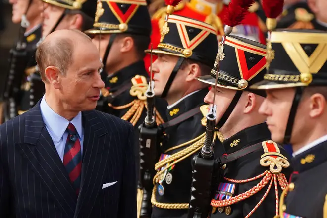 The Duke of Edinburgh, on behalf of King Charles III, reviewed members of the French military