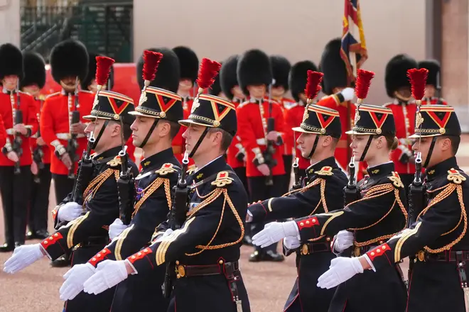 France's Gendarmerie's Garde Republicaine take part in the Changing of the Guard at Buckingham Palace