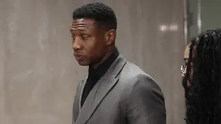 Jonathan Majors leaves a courtoom in New York