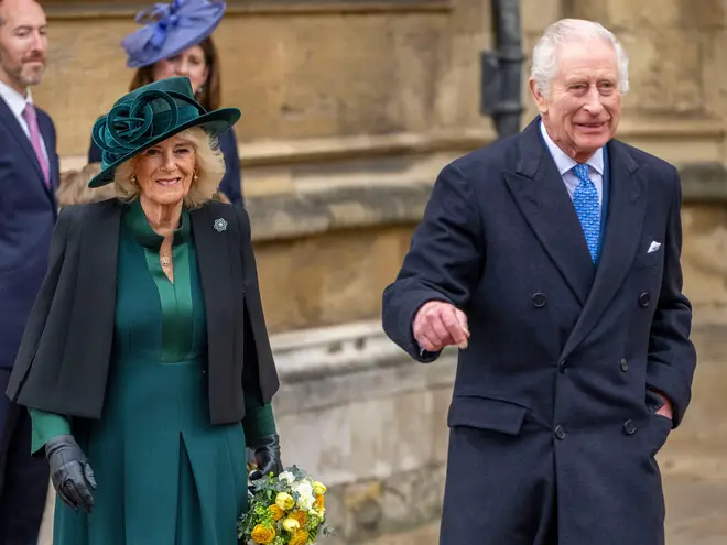 King Charles lll and Queen Camilla attend the traditional Easter Service at St George's Chapel, Windsor Castle .