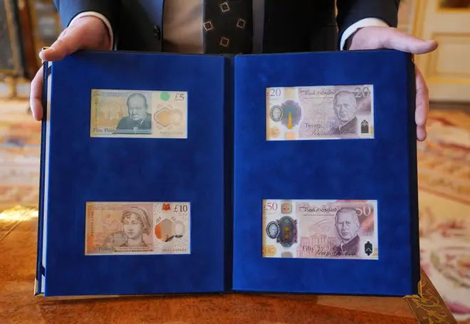 A view of some of the new banknotes bearing a portrait of King Charles III, which will enter circulation on June 5.